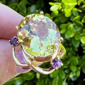 VINTAGE 14K GOLD LARGE ORO VERDE LEMON QUARTZ AMETHYST RING TRUE CHARTREUSE CLR